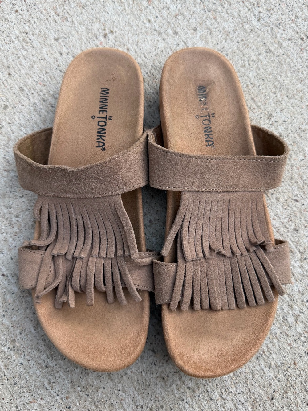 Minnetonka Tan Suede Double Fringe Slide Sandals Size 8